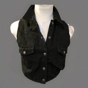 VINTAGE Boho Hippie CHIC Juniors M Black Sleeveless Jean Shirt Top
